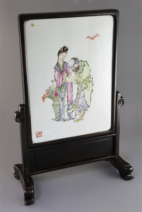 A Chinese famille rose and hongmu table screen, early 20th century, Total dimensions 60.5cm x 41cm